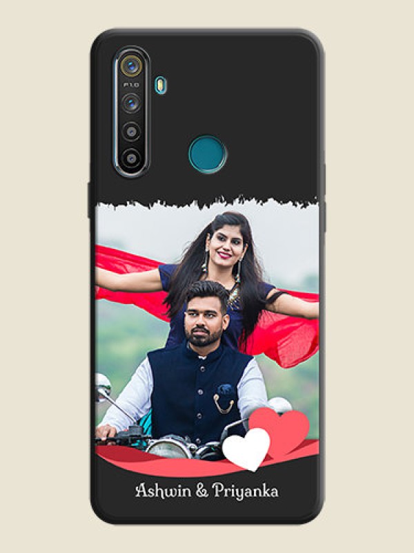 Custom Pink Color Love Shaped Ribbon Design with Text on Space Black Custom Soft Matte Phone Back Cover - Realme 5S
