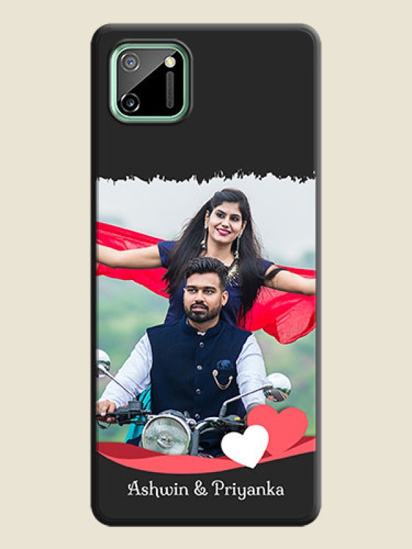 Custom Pink Color Love Shaped Ribbon Design with Text on Space Black Custom Soft Matte Phone Back Cover - Realme C11