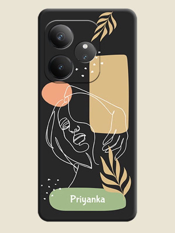 Custom Custom Text With Line Art Of Women & Leaves Design On Space Black Custom Soft Matte Mobile Back Cover - Realme GT 6
