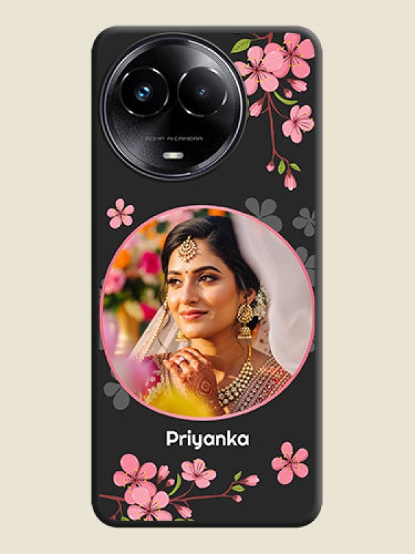 Custom Round Image with Pink Color Floral Design on Photo On Space Black Custom Soft Matte Mobile Back Cover - Narzo 60X 5G