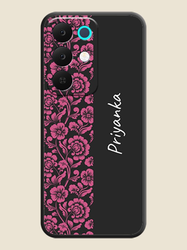 Custom Pink Floral Pattern Design With Custom Text On Space Black Custom Soft Matte Mobile Back Cover - Realme Narzo 90 5G