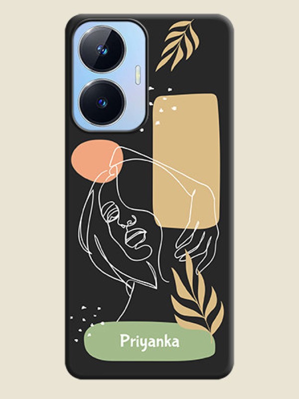 Custom Custom Text With Line Art Of Women & Leaves Design On Space Black Personalized Soft Matte Phone Covers -Realme Narzo N55