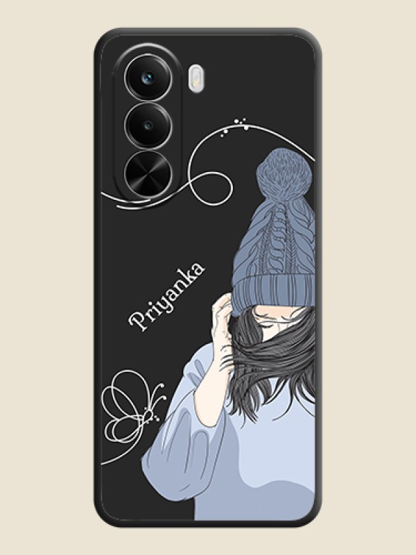 Custom Girl With Blue Winter Outfiit Custom Text Design On Space Black Custom Soft Matte Mobile Back Cover - Realme P4X 5G