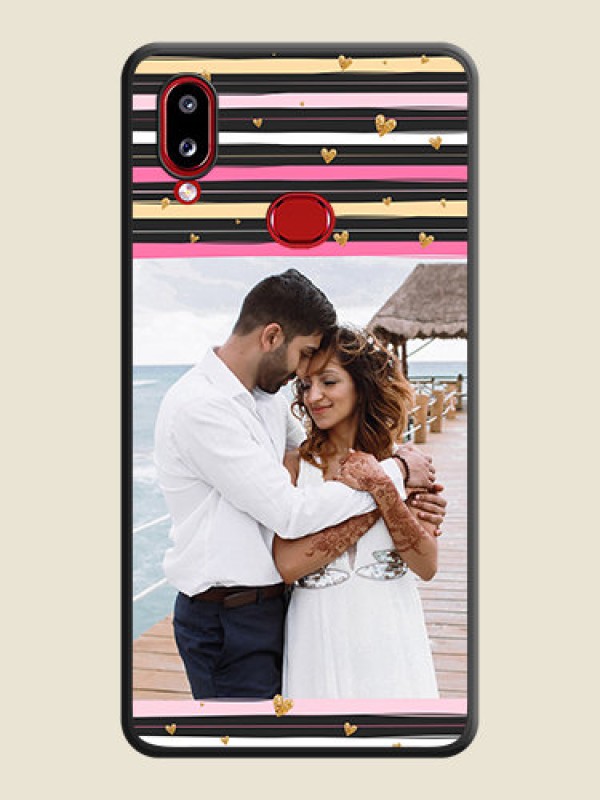 Custom Multicolor Lines and Golden Love Symbols Design on Photo on Space Black Soft Matte Mobile Cover - Galaxy A10s