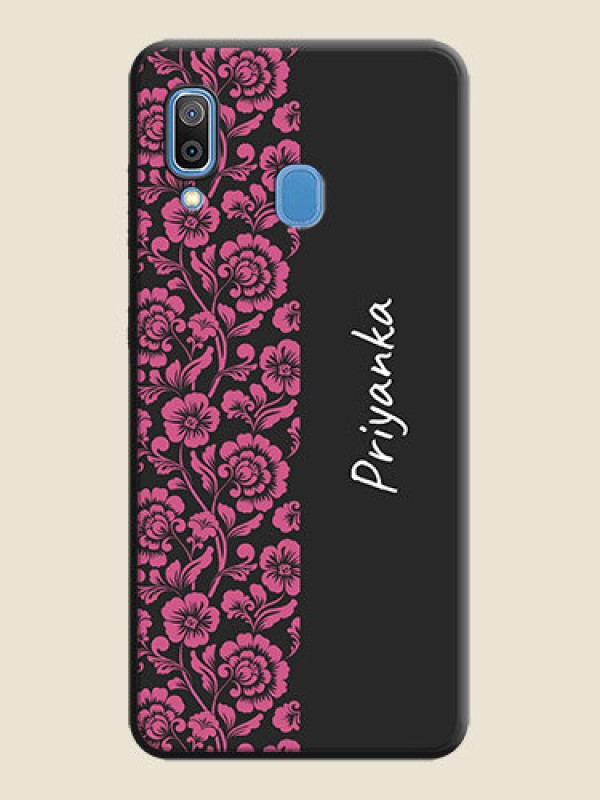Custom Pink Floral Pattern Design With Custom Text On Space Black Personalized Soft Matte Phone Covers -Samsung Galaxy A20