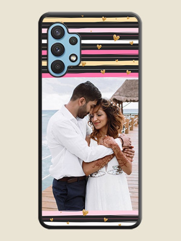 Custom Multicolor Lines and Golden Love Symbols Design on Photo on Space Black Soft Matte Mobile Cover - Galaxy A32 4G