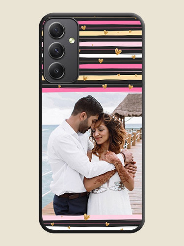 Custom Multicolor Lines and Golden Love Symbols Design on Photo on Space Black Soft Matte Mobile Cover - Galaxy A34 5G
