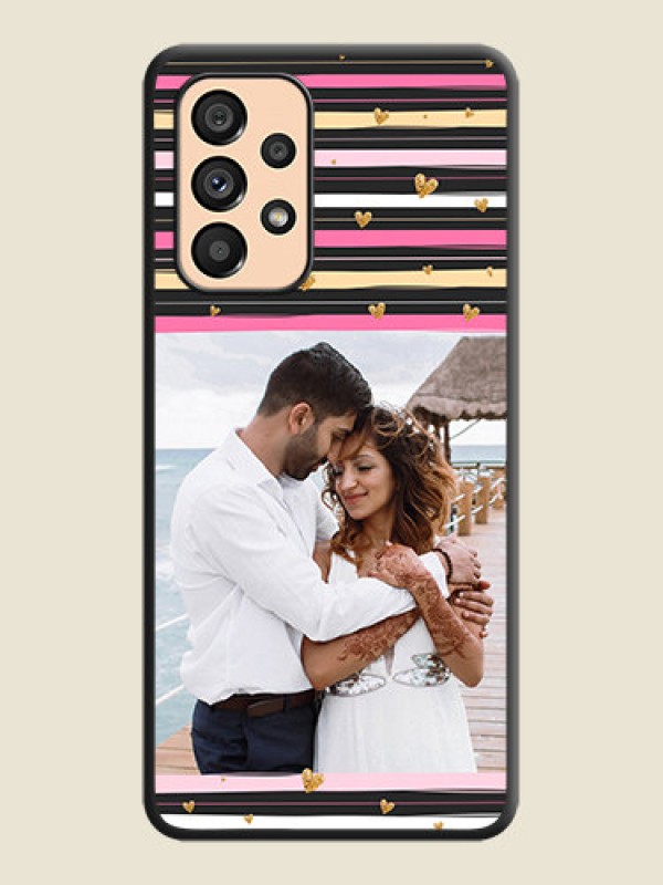 Custom Multicolor Lines and Golden Love Symbols Design on Photo on Space Black Soft Matte Mobile Cover - Galaxy A53 5G