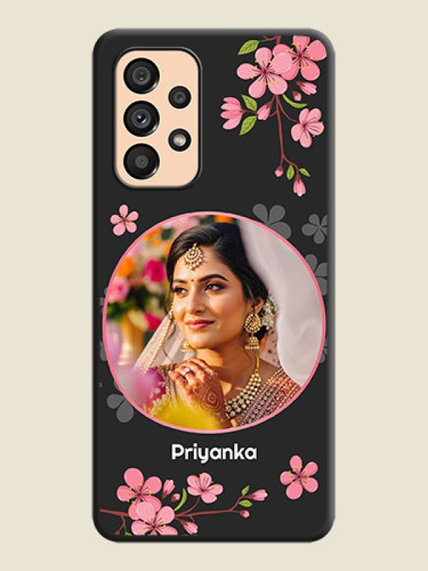 Custom Round Image with Pink Color Floral Design on Photo on Space Black Soft Matte Back Cover - Galaxy A53 5G