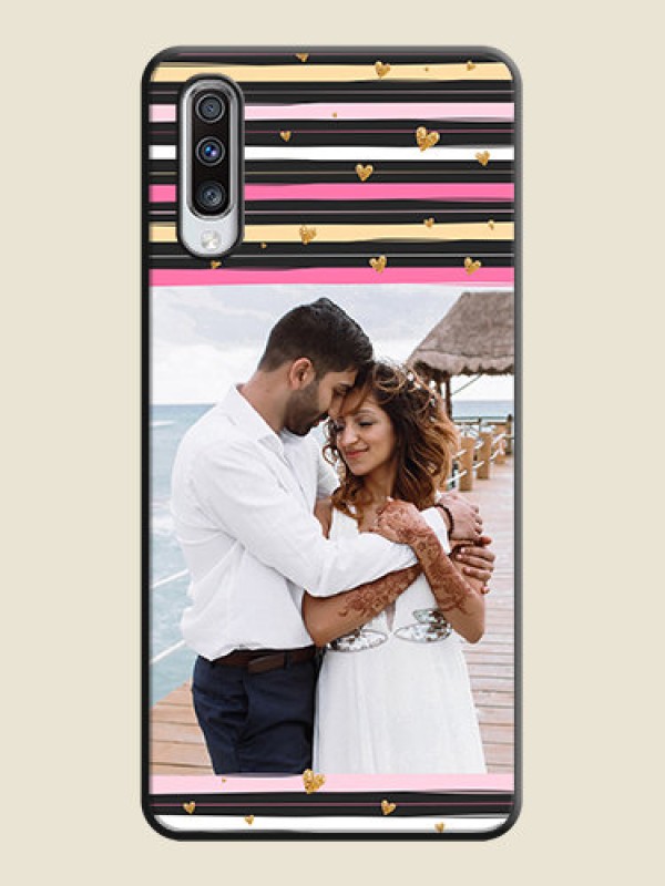 Custom Multicolor Lines and Golden Love Symbols Design - Photo on Space Black Soft Matte Mobile Cover - Galaxy A70S