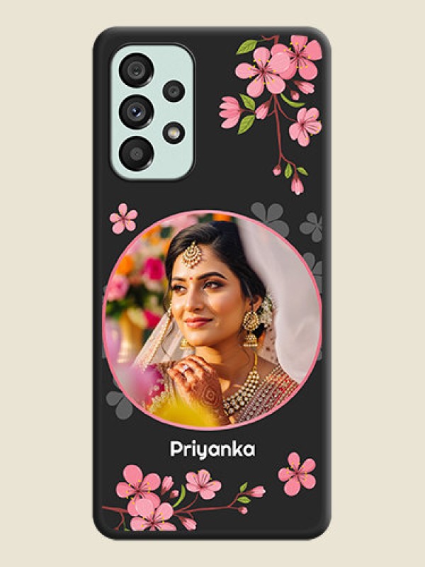 Custom Round Image with Pink Color Floral Design on Photo on Space Black Soft Matte Back Cover - Galaxy A73 5G