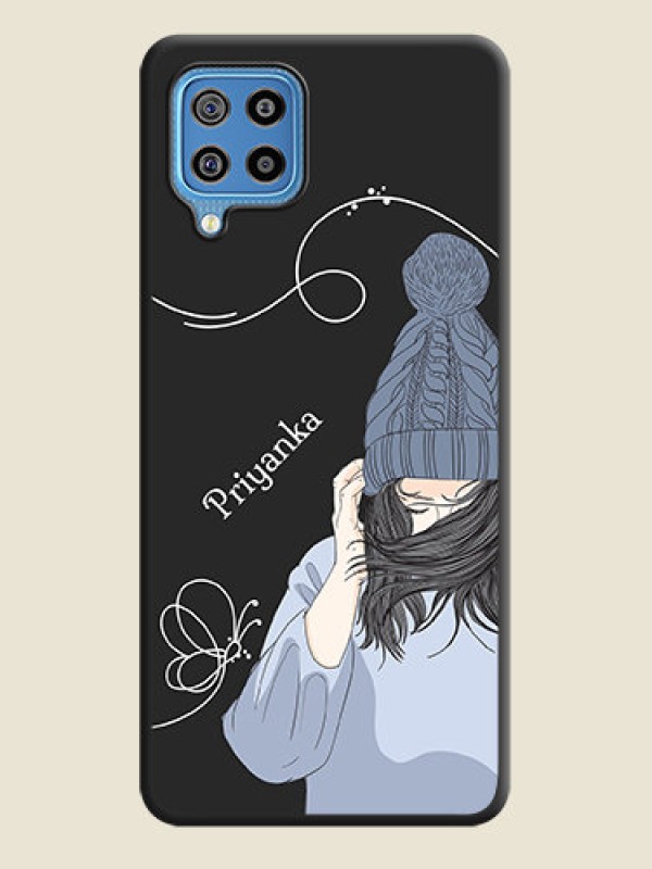 Custom Girl With Blue Winter Outfiit Custom Text Design On Space Black Personalized Soft Matte Phone Covers -Samsung Galaxy F22