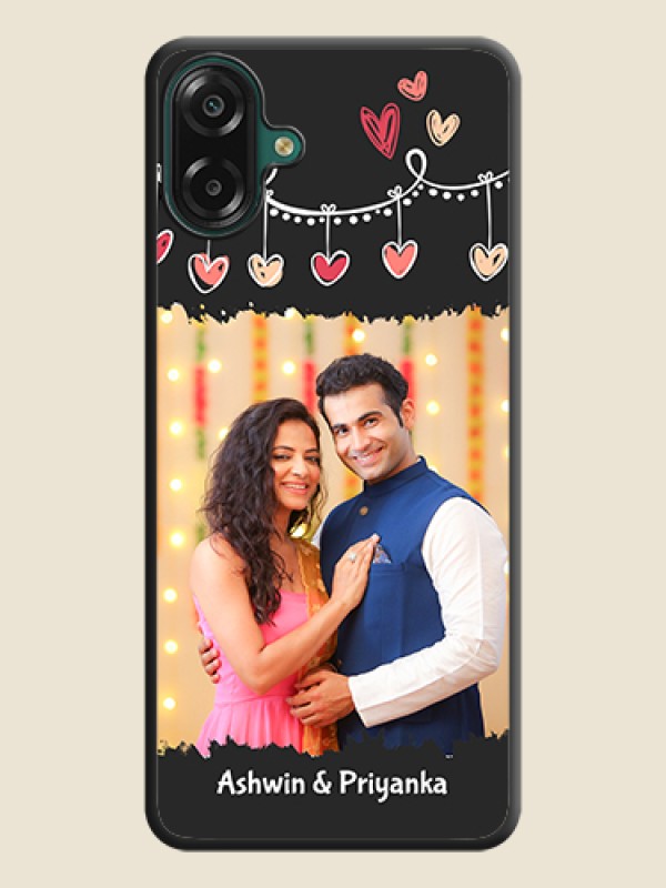 Custom Pink Love Hangings with Name On Space Black Custom Soft Matte Mobile Back Cover - Samsung Galaxy F70e 5G