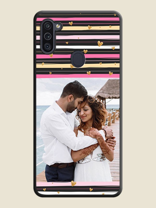 Custom Multicolor Lines and Golden Love Symbols Design on Photo on Space Black Soft Matte Mobile Cover - Galaxy M11