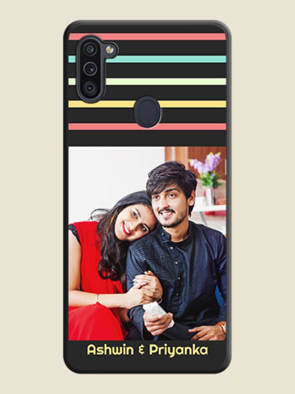 Custom Color Stripes with Photo and Text on Photo on Space Black Soft Matte Mobile Case - Galaxy M11