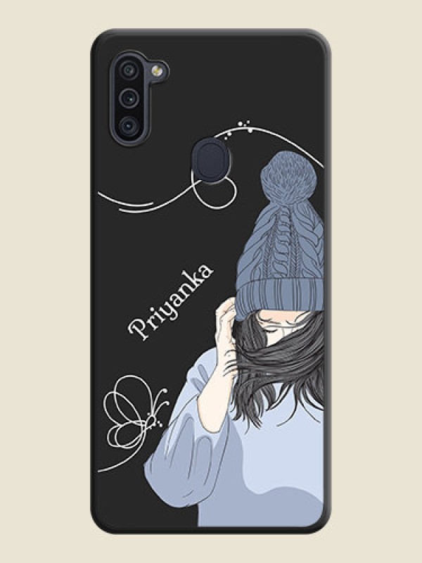 Custom Girl With Blue Winter Outfiit Custom Text Design On Space Black Personalized Soft Matte Phone Covers -Samsung Galaxy M11