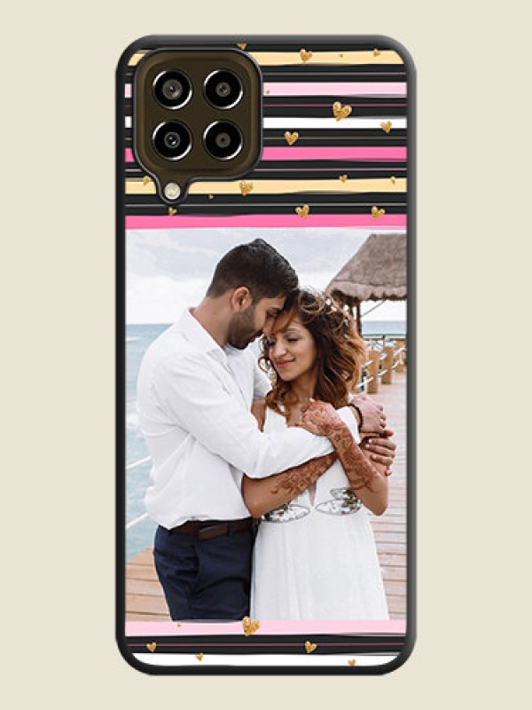 Custom Multicolor Lines and Golden Love Symbols Design on Photo on Space Black Soft Matte Mobile Cover - Galaxy M33 5G