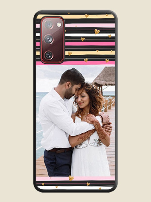 Custom Multicolor Lines and Golden Love Symbols Design on Photo on Space Black Soft Matte Mobile Cover - Galaxy S20 FE