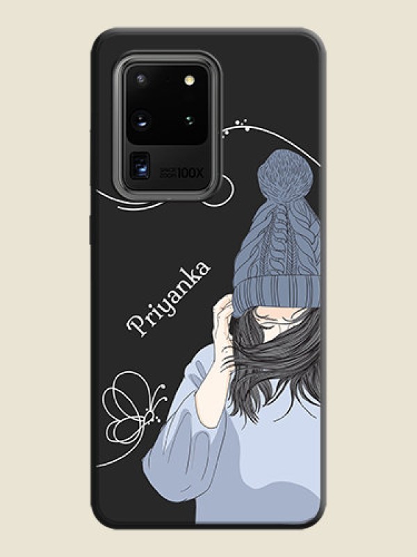 Custom Girl With Blue Winter Outfiit Custom Text Design On Space Black Personalized Soft Matte Phone Covers -Samsung Galaxy S20 Ultra