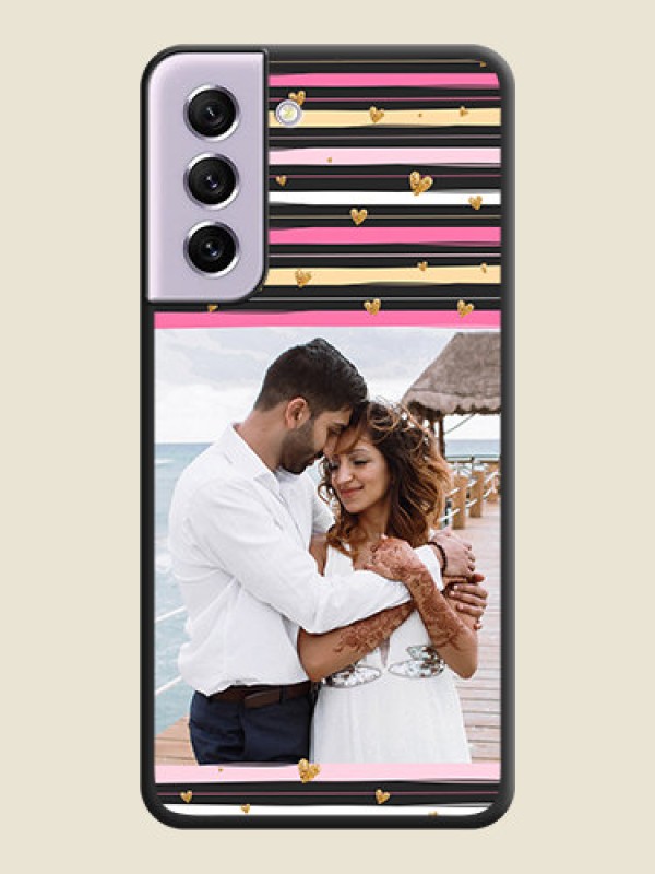 Custom Multicolor Lines and Golden Love Symbols Design on Photo on Space Black Soft Matte Mobile Cover - Galaxy S21 FE 5G