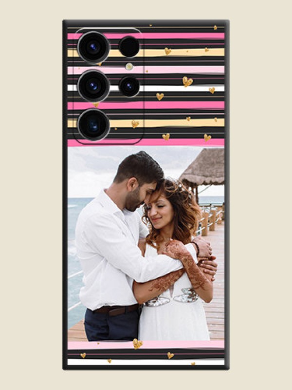 Custom Multicolor Lines and Golden Love Symbols Design on Photo on Space Black Soft Matte Mobile Cover - Samsung Galaxy S23 Ultra 5G