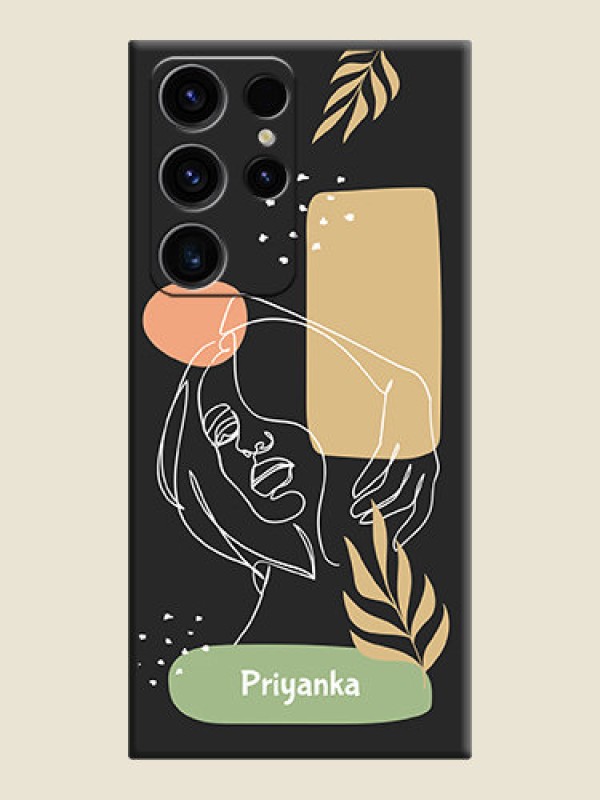 Custom Custom Text With Line Art Of Women & Leaves Design On Space Black Personalized Soft Matte Phone Covers -Samsung Galaxy S23 Ultra 5G