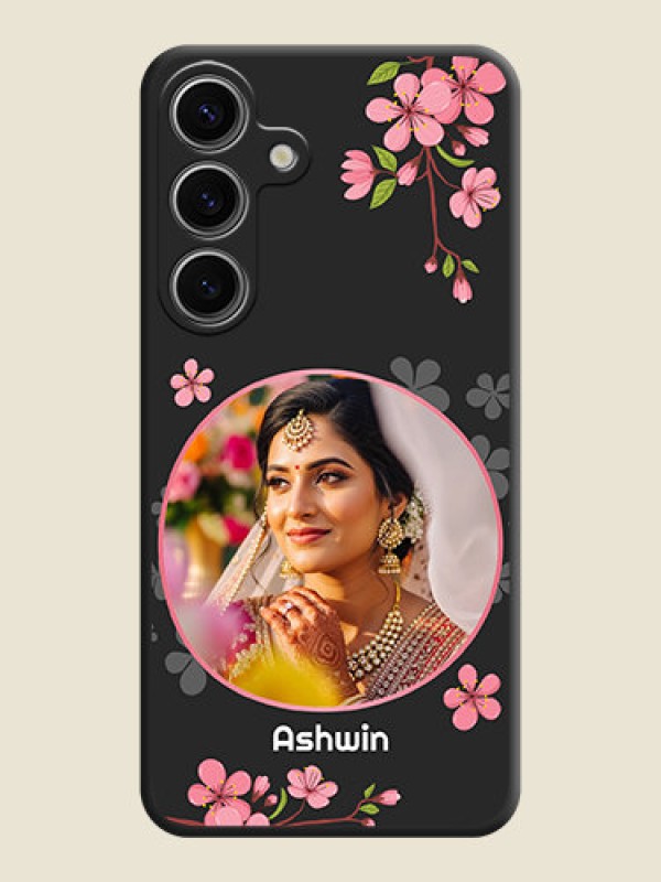 Custom Round Image with Pink Color Floral Design - Photo on Space Black Soft Matte Back Cover - Galaxy S24 5G