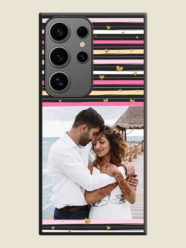 Custom Multicolor Lines and Golden Love Symbols Design - Photo on Space Black Soft Matte Mobile Cover - Galaxy S24 Ultra 5G