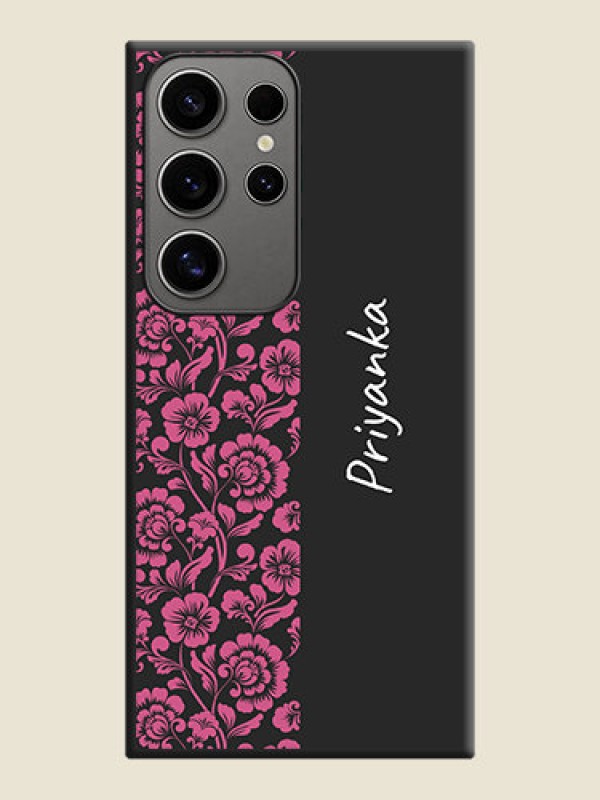 Custom Pink Floral Pattern Design With Custom Text On Space Black Personalized Soft Matte Phone Covers - Galaxy S24 Ultra 5G