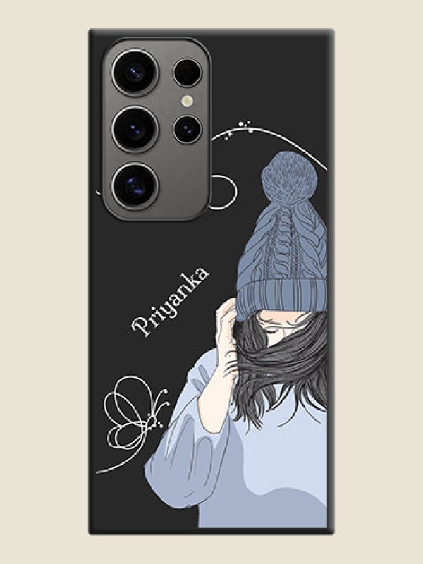 Custom Girl With Blue Winter Outfiit Custom Text Design On Space Black Personalized Soft Matte Phone Covers - Galaxy S24 Ultra 5G