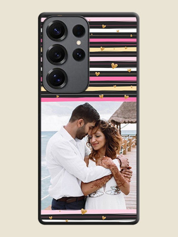 Custom Multicolor Lines and Golden Love Symbols Design on Photo On Space Black Custom Soft Matte Mobile Back Cover - Galaxy S25 Ultra 5G