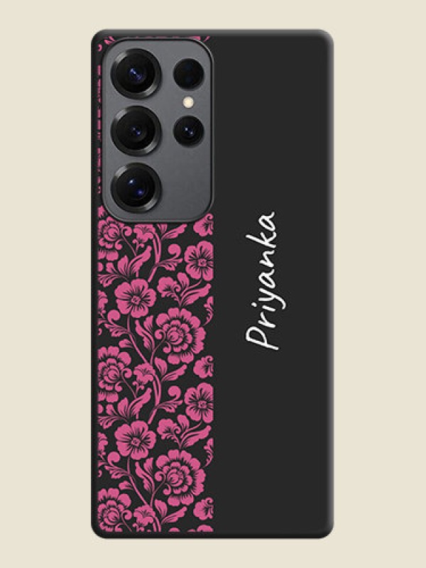 Custom Pink Floral Pattern Design With Custom Text On Space Black Custom Soft Matte Mobile Back Cover - Galaxy S25 Ultra 5G