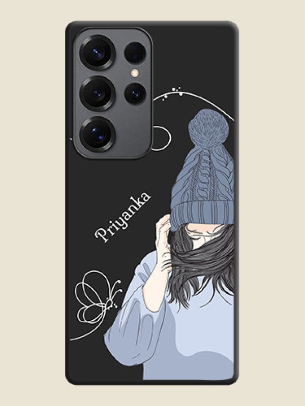 Custom Girl With Blue Winter Outfiit Custom Text Design On Space Black Custom Soft Matte Mobile Back Cover - Galaxy S25 Ultra 5G