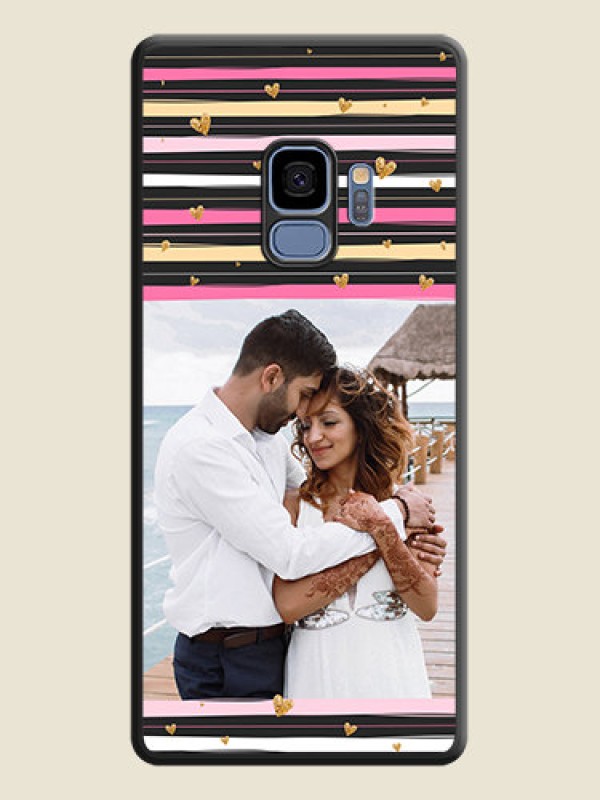 Custom Multicolor Lines and Golden Love Symbols Design on Photo on Space Black Soft Matte Mobile Cover - Galaxy S9