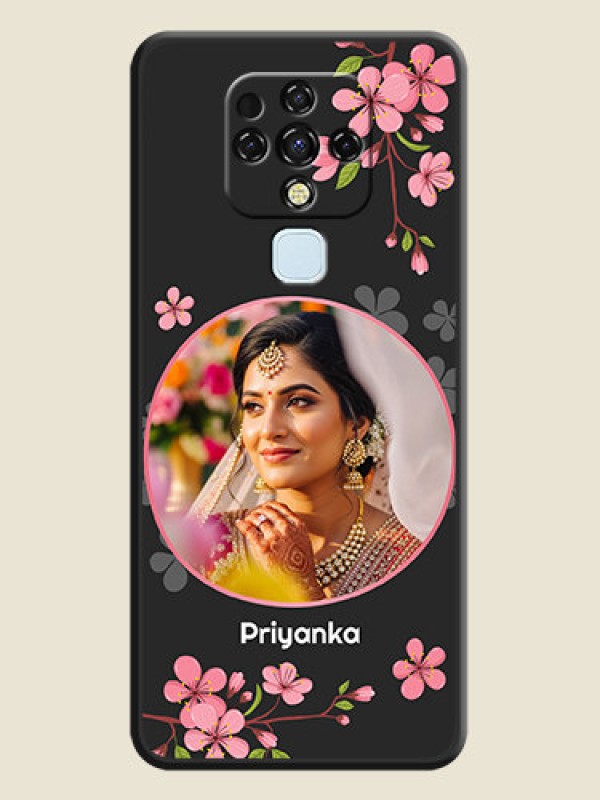 Custom Round Image with Pink Color Floral Design on Photo on Space Black Soft Matte Back Cover - Tecno Camon 16
