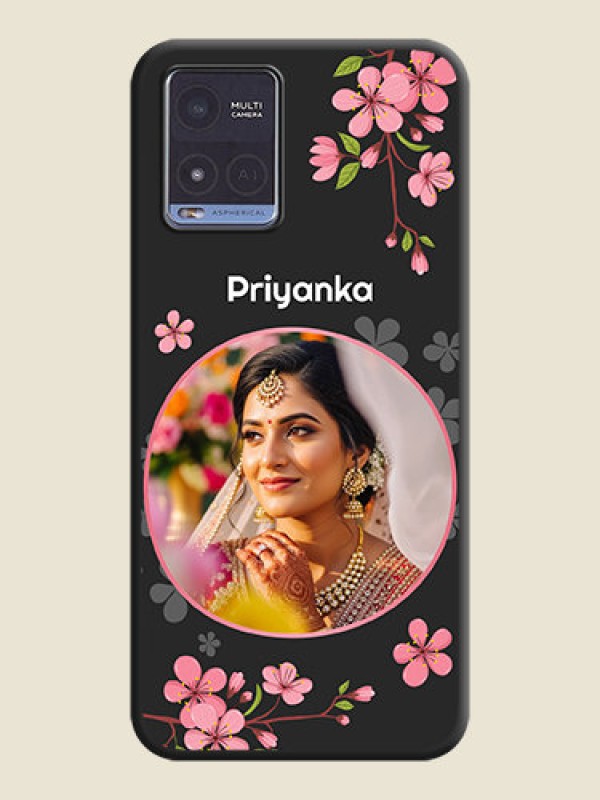 Custom Round Image with Pink Color Floral Design on Photo on Space Black Soft Matte Back Cover - Vivo T1x