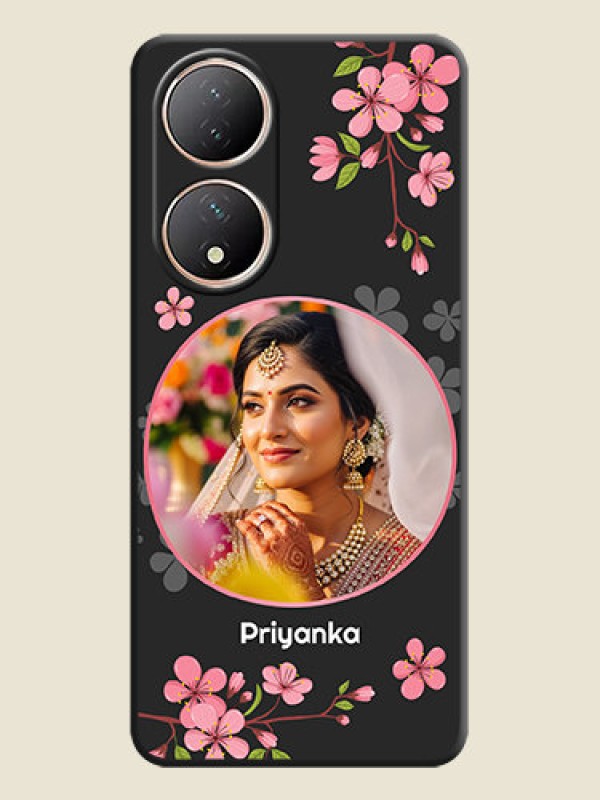 Custom Round Image with Pink Color Floral Design on Photo on Space Black Soft Matte Back Cover - Vivo T2 5G