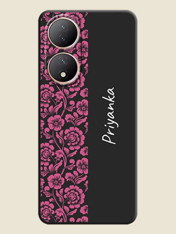 Custom Pink Floral Pattern Design With Custom Text On Space Black Personalized Soft Matte Phone Covers -Vivo T2 5G