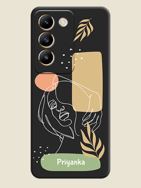 Custom Custom Text With Line Art Of Women & Leaves Design On Space Black Personalized Soft Matte Phone Covers - Vivo T3 5G
