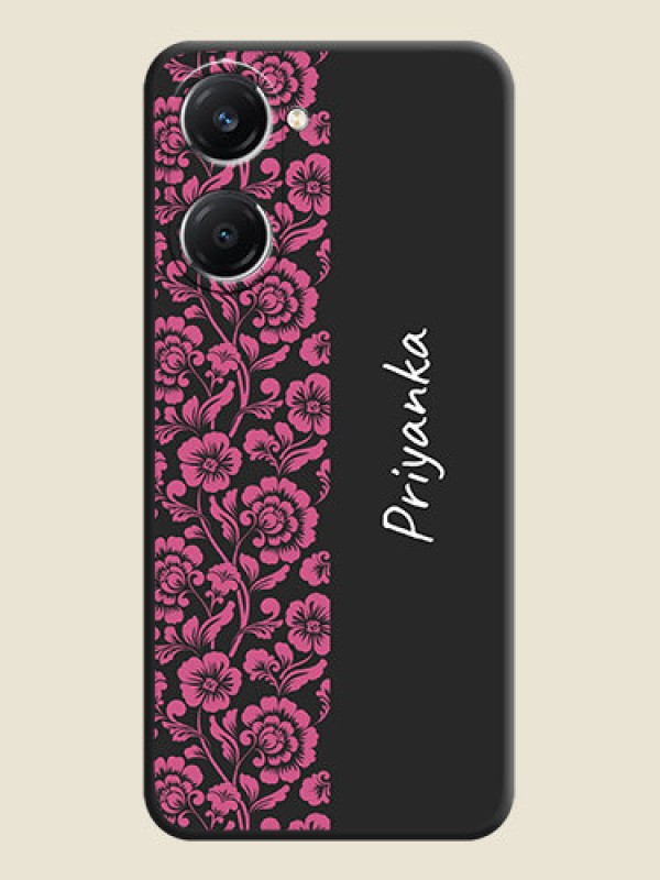 Custom Pink Floral Pattern Design With Custom Text On Space Black Custom Soft Matte Mobile Back Cover - Vivo T3 Lite 5G