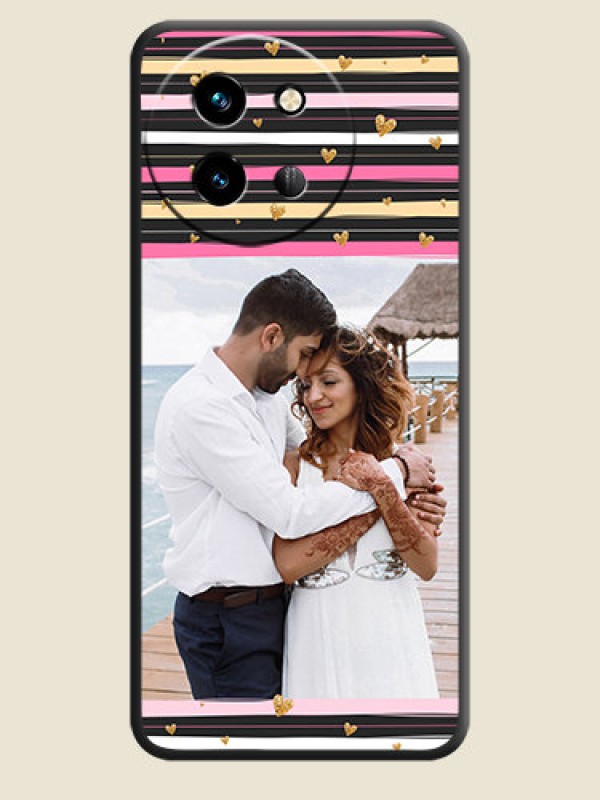 Custom Multicolor Lines and Golden Love Symbols Design on Photo On Space Black Custom Soft Matte Mobile Back Cover - Vivo T3X 5G