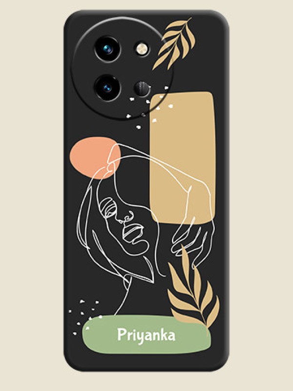 Custom Custom Text With Line Art Of Women & Leaves Design On Space Black Custom Soft Matte Mobile Back Cover - Vivo T3X 5G