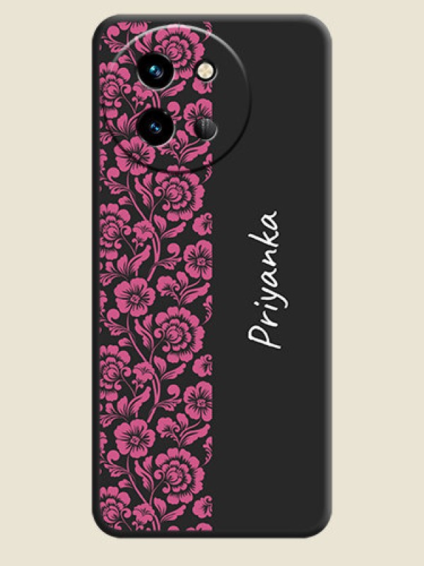 Custom Pink Floral Pattern Design With Custom Text On Space Black Custom Soft Matte Mobile Back Cover - Vivo T3X 5G