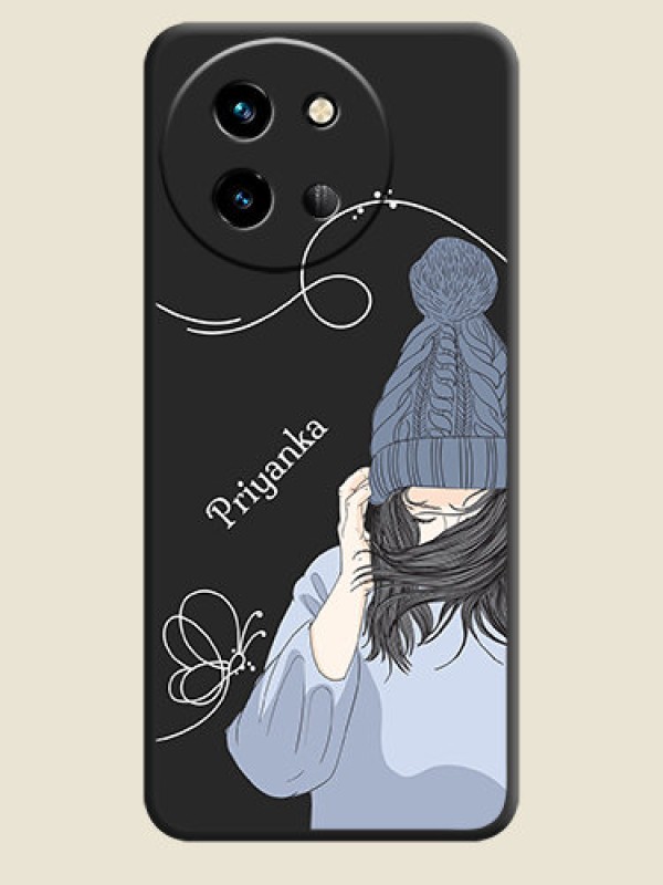 Custom Girl With Blue Winter Outfiit Custom Text Design On Space Black Custom Soft Matte Mobile Back Cover - Vivo T3X 5G