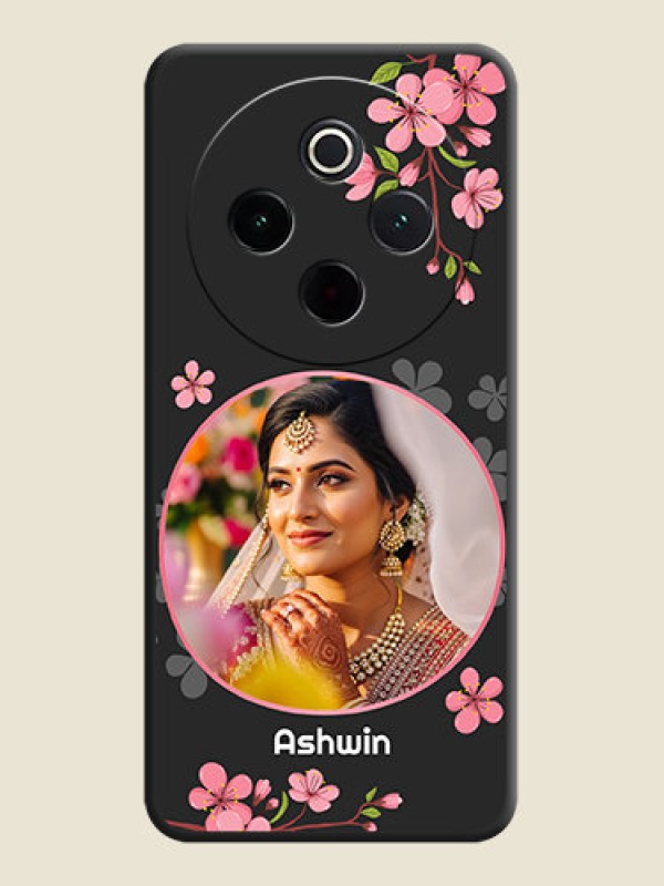 Custom Round Image with Pink Color Floral Design on Photo On Space Black Custom Soft Matte Mobile Back Cover - Vivo T4 5G