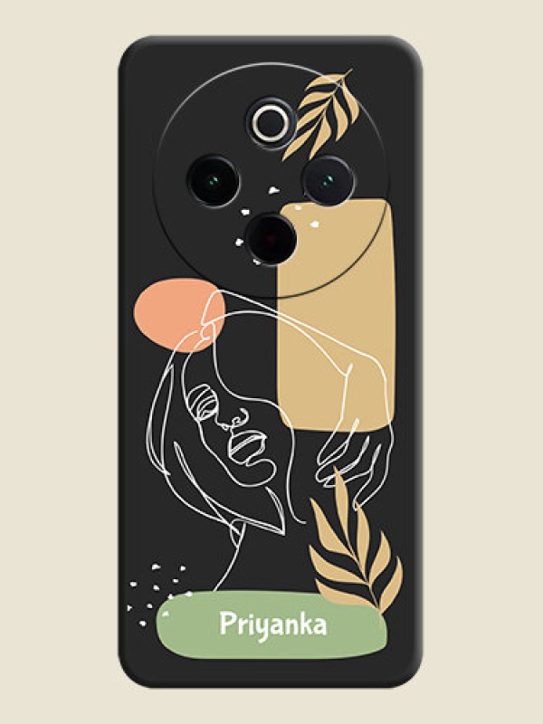 Custom Custom Text With Line Art Of Women & Leaves Design On Space Black Custom Soft Matte Mobile Back Cover - Vivo T4 5G