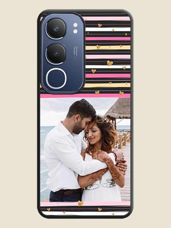 Custom Multicolor Lines and Golden Love Symbols Design on Photo On Space Black Custom Soft Matte Mobile Back Cover - Vivo T4 Lite