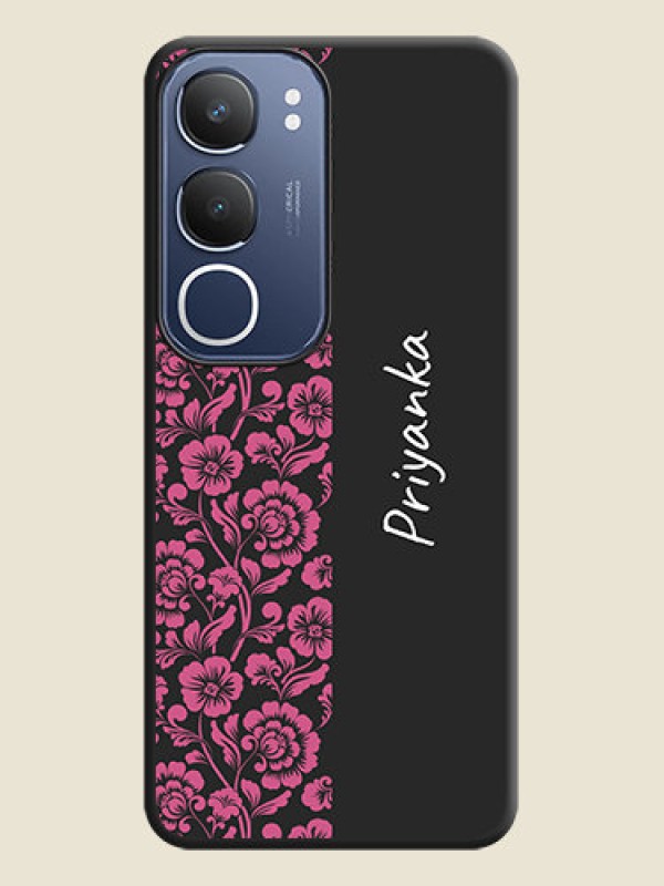 Custom Pink Floral Pattern Design With Custom Text On Space Black Custom Soft Matte Mobile Back Cover - Vivo T4 Lite