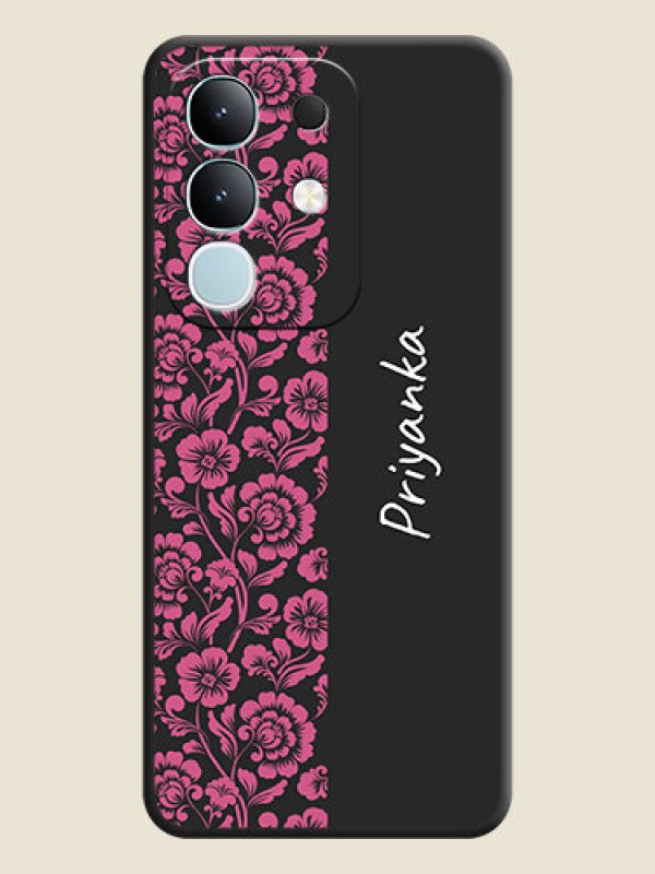 Custom Pink Floral Pattern Design With Custom Text On Space Black Custom Soft Matte Mobile Back Cover - Vivo T4x 5G