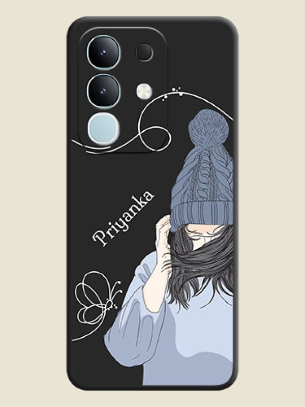 Custom Girl With Blue Winter Outfiit Custom Text Design On Space Black Custom Soft Matte Mobile Back Cover - Vivo T4x 5G